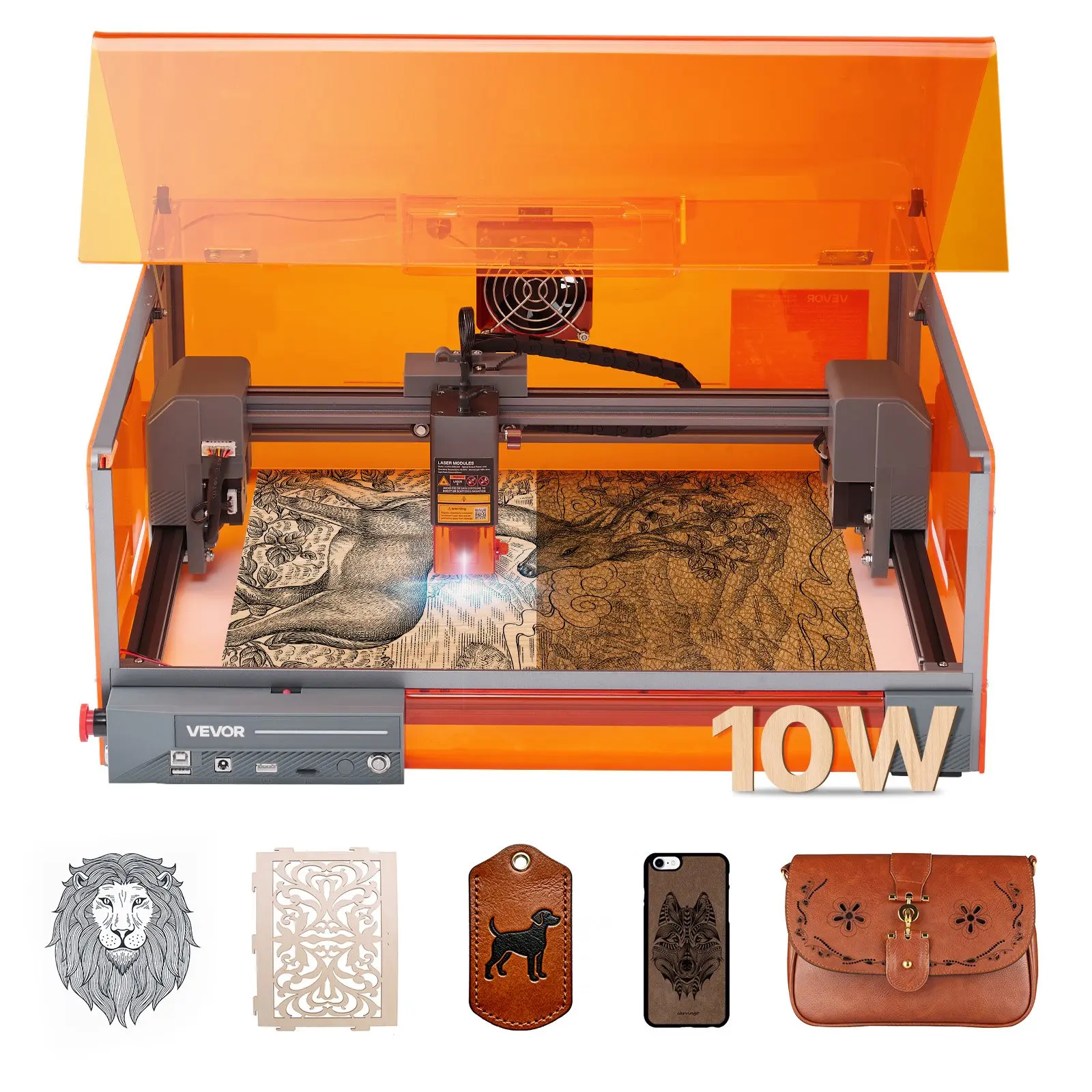 VEVOR Laser Engraver, 10W, Laser Engraving and Cutting Machine with Enclosure, Laser Cutter Engraver Machine, 11.8 x 11.8 in Working Area, 7000 mm/min, for Wood, Leather, Glass, Certain Metal, Class