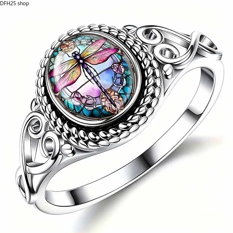 Wide Band Finger Ring With Colorful Dragonfly Print Color Shifting Glass Inlay For Women Daily Matching Retro Versatile Decorative Hand Accessory