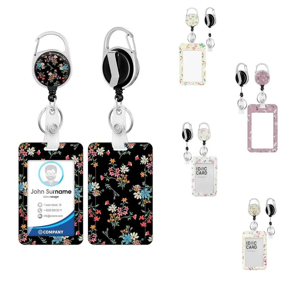 Floral Stretchable Pull Tab Back Clip, Clear Flower Spring Card Holder, Dual-Sided UV Print ID Lanyard, Fashion Accessory for Women