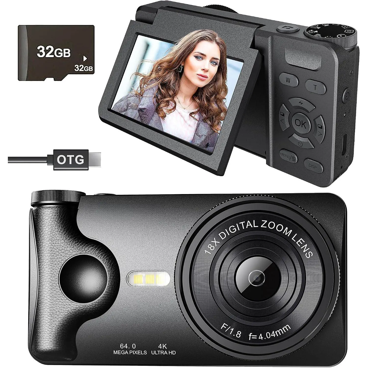 4K Digital Camera 64MP Autofocus 3.0'' 180° Flip Screen Portable for Photo & Vlog Featuring Time Lapse & Slow Motion&20 Filters 32GB 2000mAh for Social Media CreatorBeginner&Childen (Black, Camera)