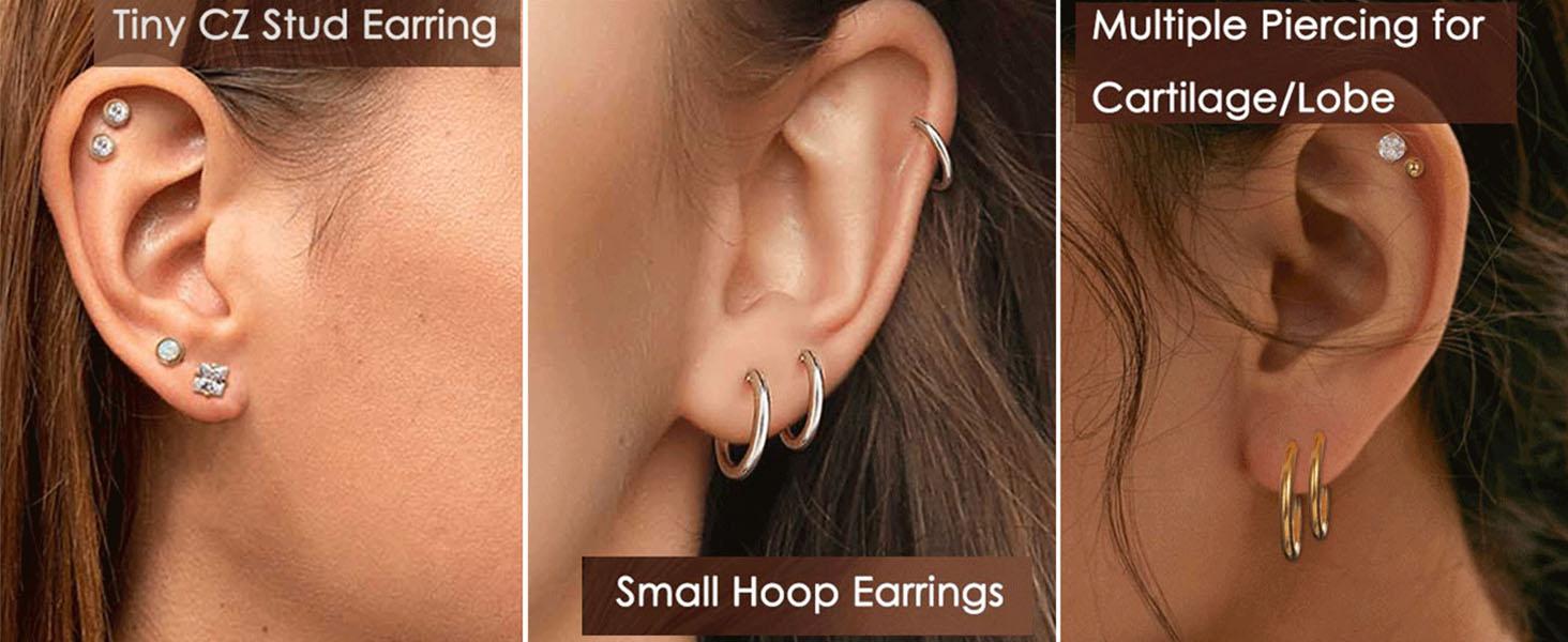 Jstyle 8 Pairs Surgical Steel Earrings for Sensitive Ears Hypoallergenic 20G Stainless Steel Stud Hoop Earrings for Women Men Small Opal Ball CZ Studs & Hoops Jewelry - Studearrings