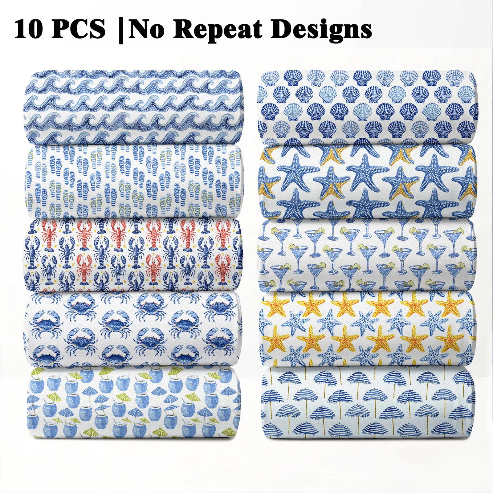 10PCS Vintage Coastal Doodle Print Fabric Bundles, 23x55cm (9x22in) Classic Vintage Beach Pattern Quilting Home Decor DIY