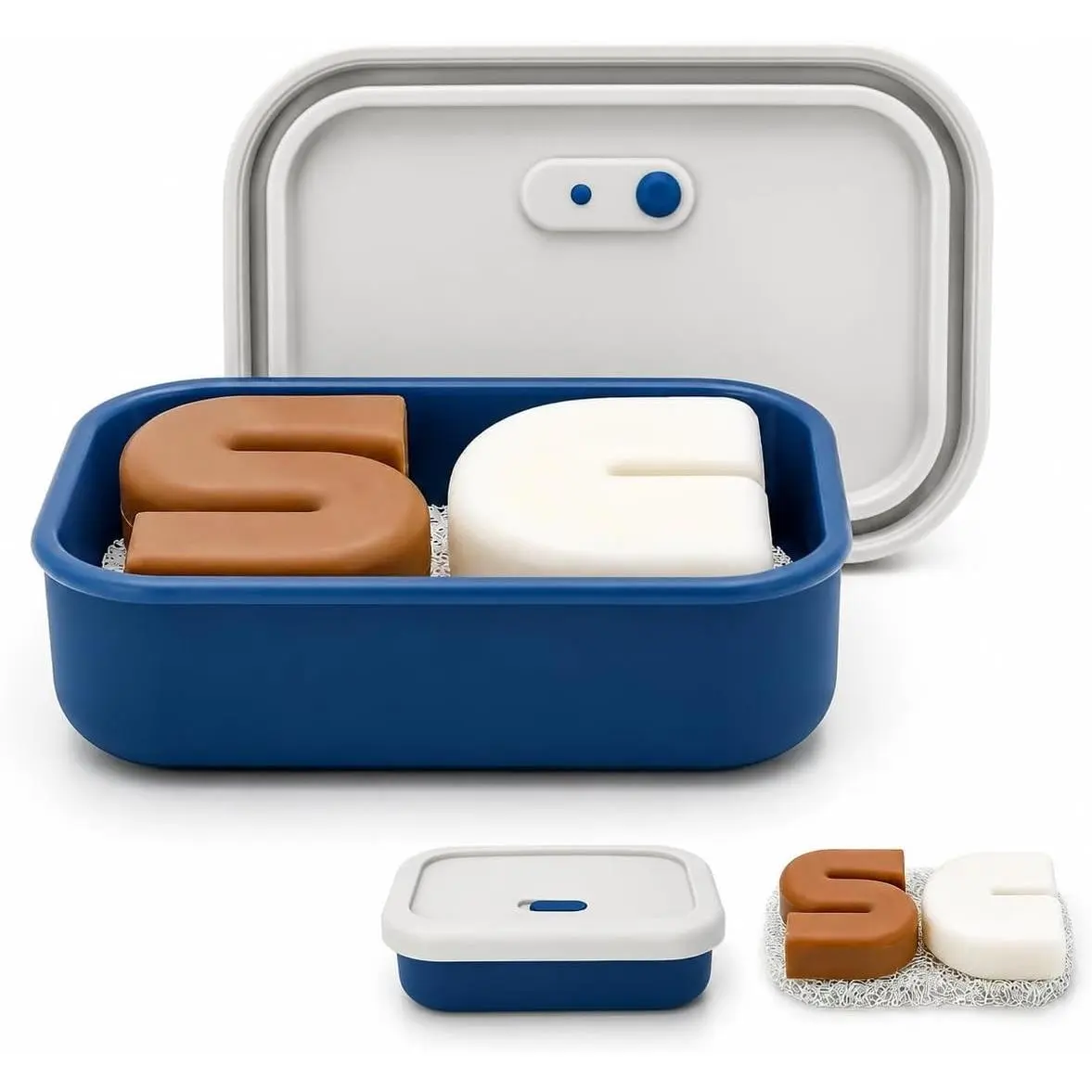 Large Vented Silicone Travel Soap Case, Leak-Proof Shampoo Bar Holder for Shampoo and Conditioner Bar Set, Drain Tray Container for Large Bars, Handmade Bars, Travel Gym Camping, Blue