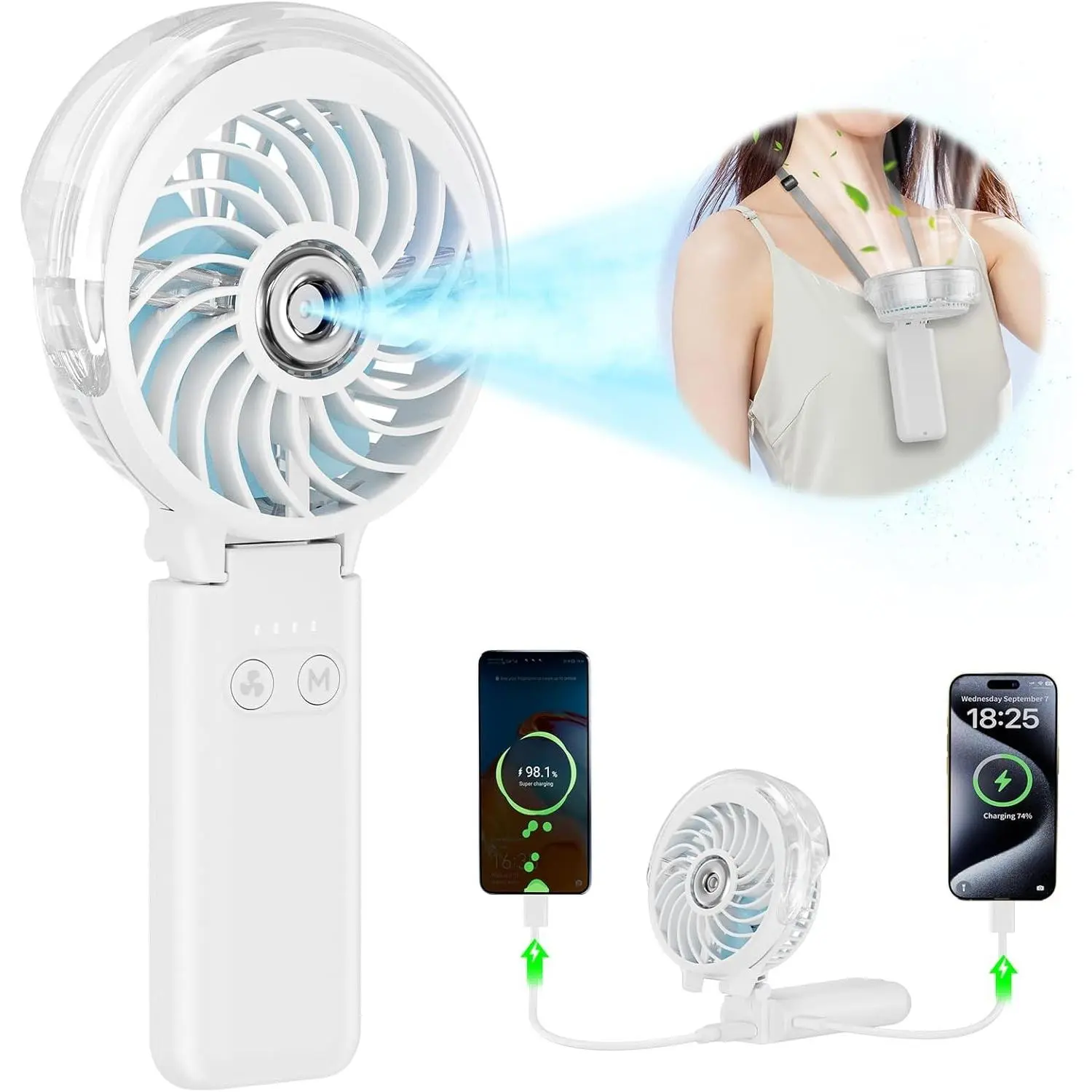 5200mAh Upgraded Personal Misting Fan, Rechargeable Handheld Mister Fan with Spray Water Mist, Portable Cooling AC, Electric Mini Hand Fan for Beach Travel Outdoors (White)Gift