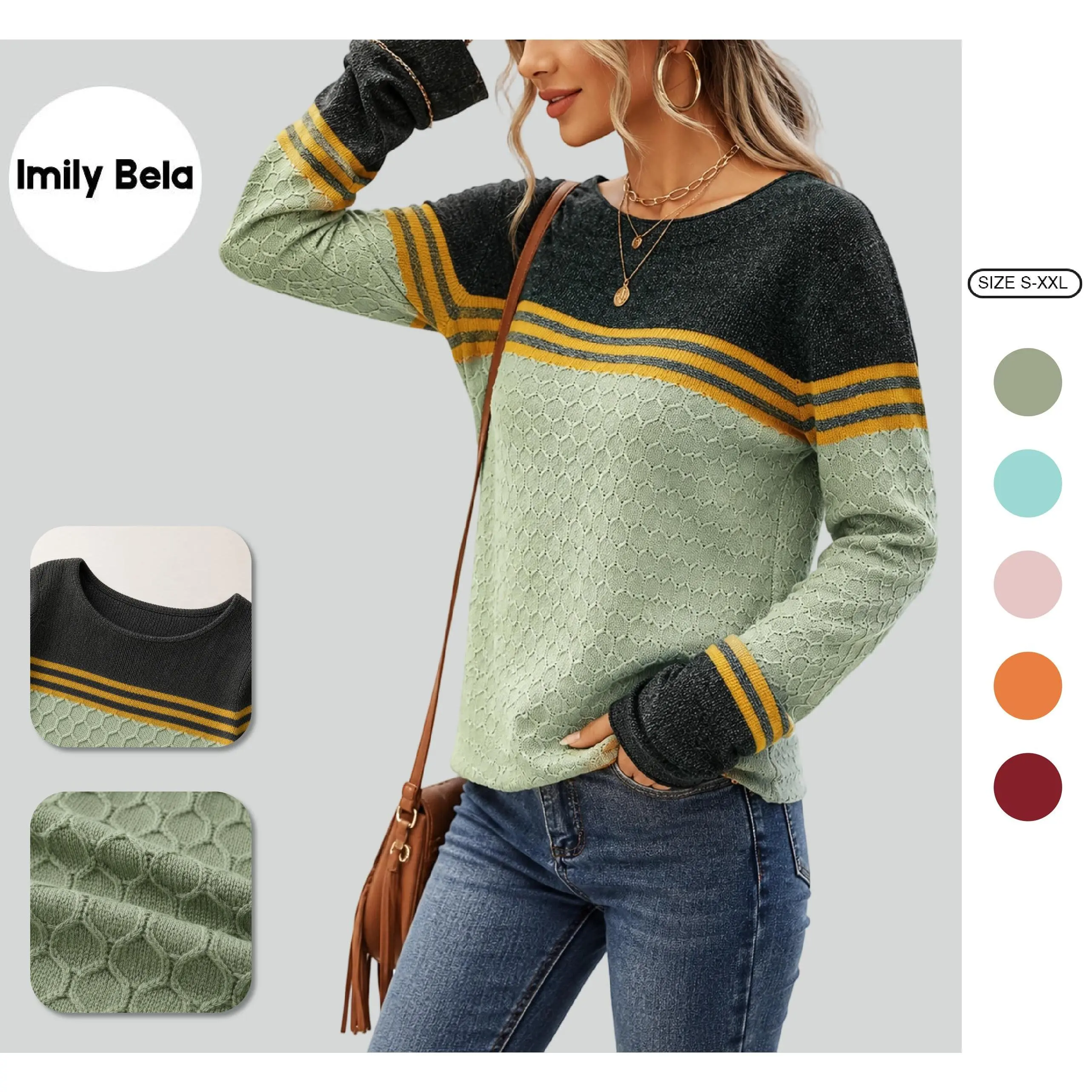 Women’s Color Block Cable Knit Sweater, Crew Neck Long Sleeve Pullover with Contrast Stripes, Casual Lightweight Knit Jumper Top for Fall Winter Daily Wear