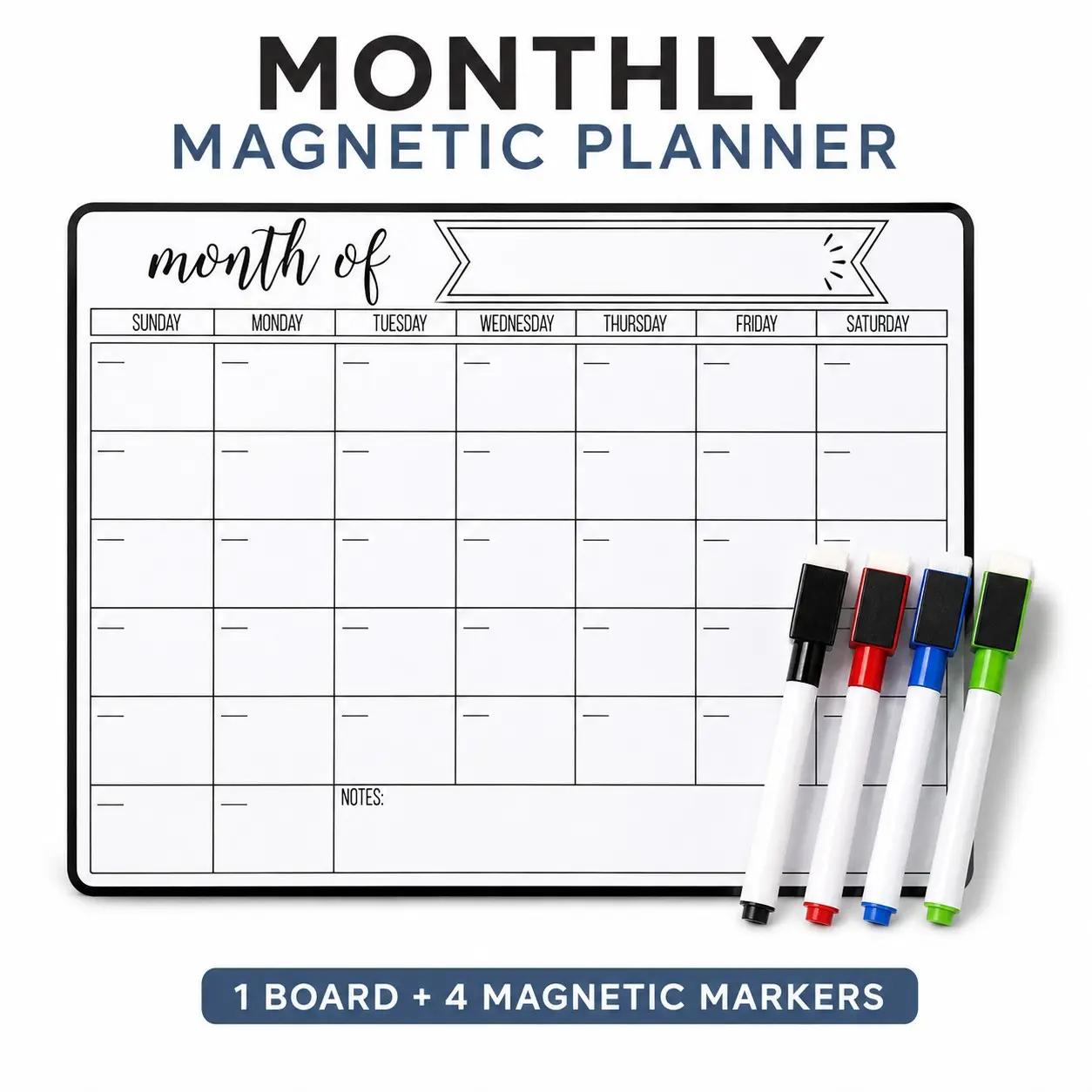 Magnetic Refrigerator Monthly Planner Set, Calendar for Fridge, Includes 4 Magnetic Markers, Reusable Whiteboard, Ideal for Home and Study Time Management