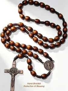 1pc, Handcrafted Wooden Rosary Beads Necklace for Men Women, Christian Catholic Prayer Aesthetic Choker with Crucifix & Saint Benedict Medal, Anti Anxiety, Daily Wear, Spiritual Amulet Chunky Vibe Faith Religious Jewelry Gift, TikTok Made Me Buy It, viral