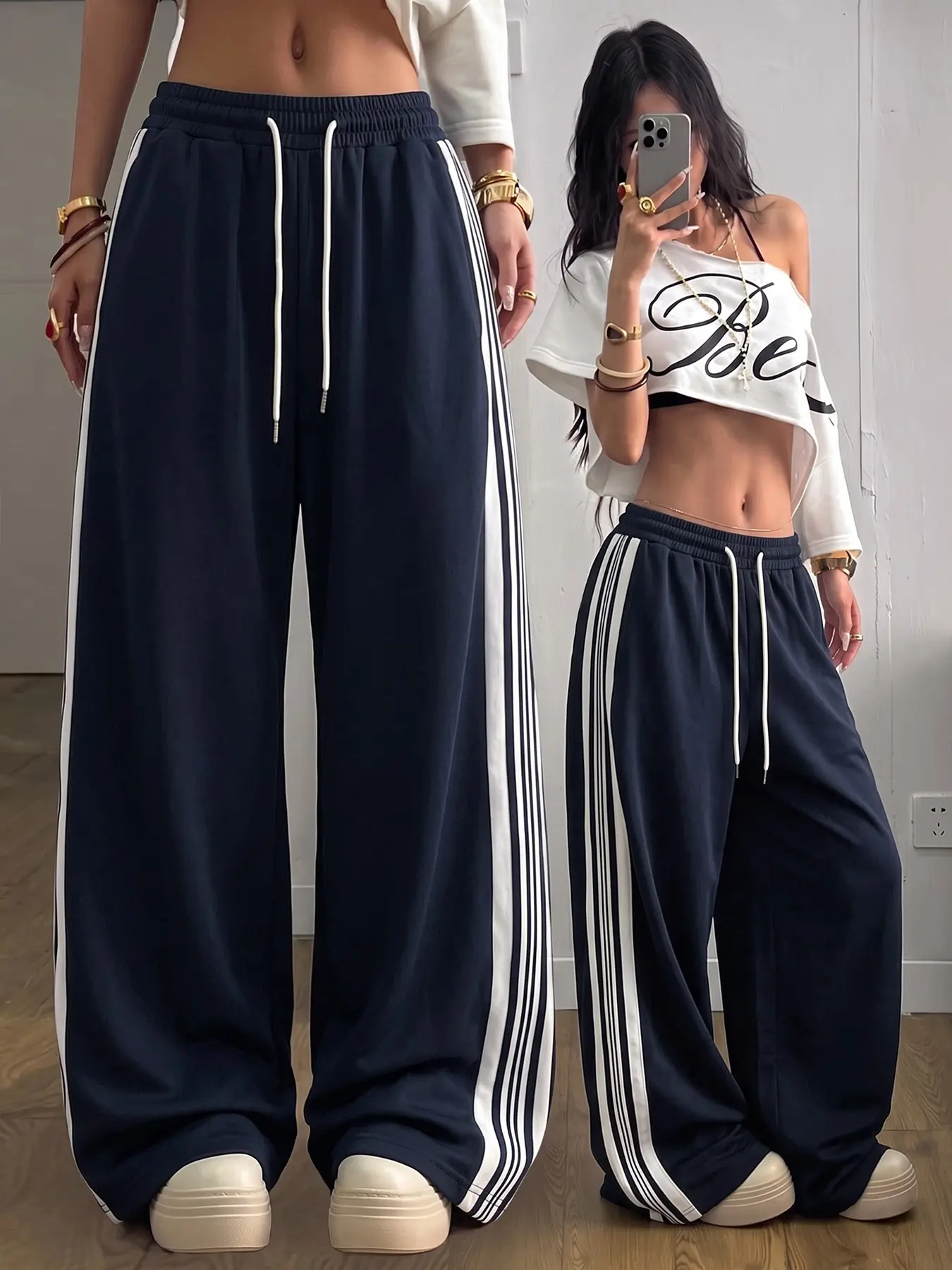 Women Navy 5 Side White Stripe Drawstring High Waist Drape Wide Leg Sweatpants, Casual Athletic Trousers, 90s Retro Sporty Five Vertical Stripe Flowy Floor Length Jogger Trousers, Y2K Streetwear Elastic Shirred Waist Loose Track Pants