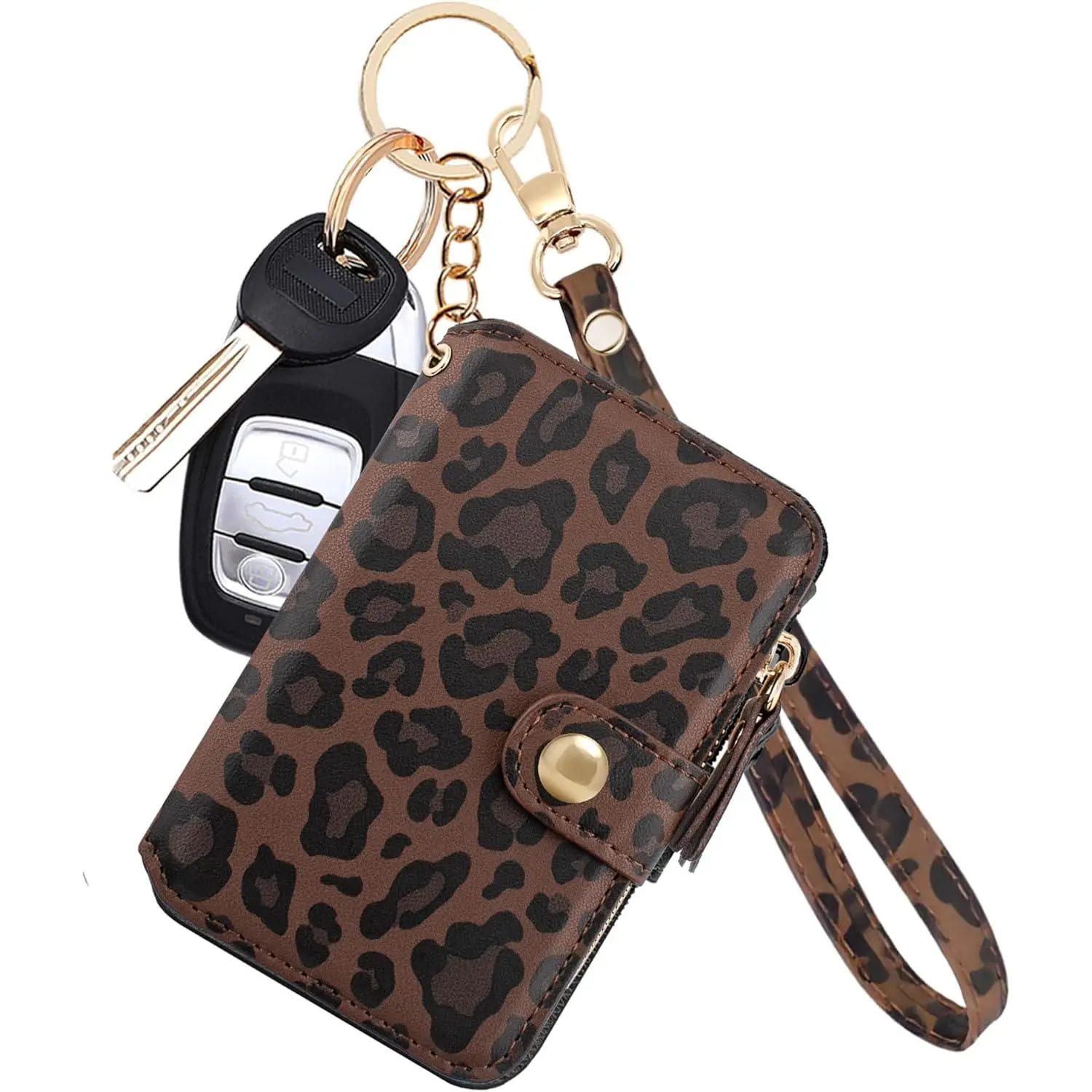 M-Plateau Wallet, Womens card Holder Leather Keychain Wallet With Zipper Coin Pocket ID Window Wrist Strap Gift Box (Leopard)