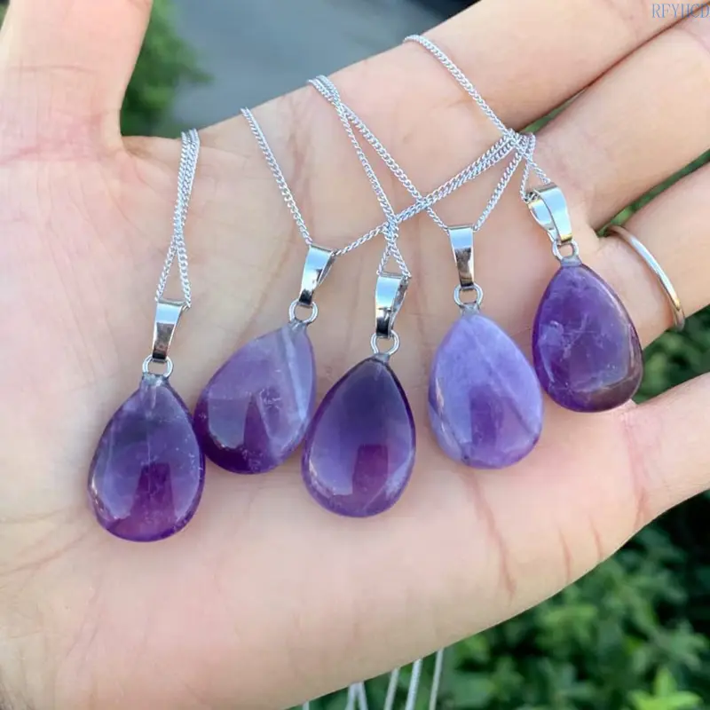Natural Amethyst Teardrop Pendant Necklace for Women, Elegant Minimalist Crystal Jewelry, Dainty Long Sweater Chain, Perfect Gift, Female, Adults, Casual, Drop-Shaped Amethyst, Enhances Style, Versatile Jewelry, No
