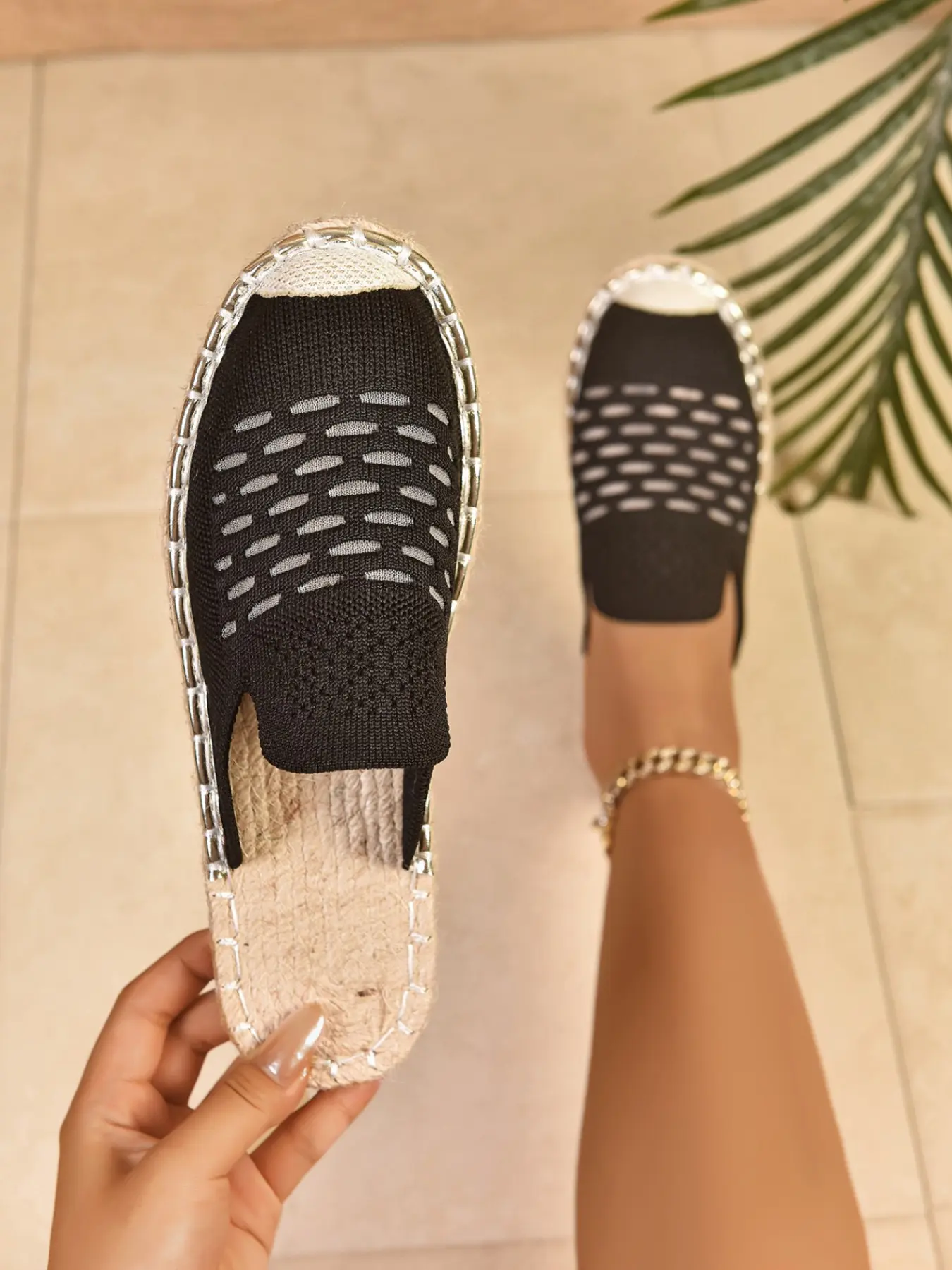 Breathable Knit Slippers, Hollow Out Design, Hemp Rope Sole, Casual All-Season Footwear, Plain Pattern, Less Than Ankle Height