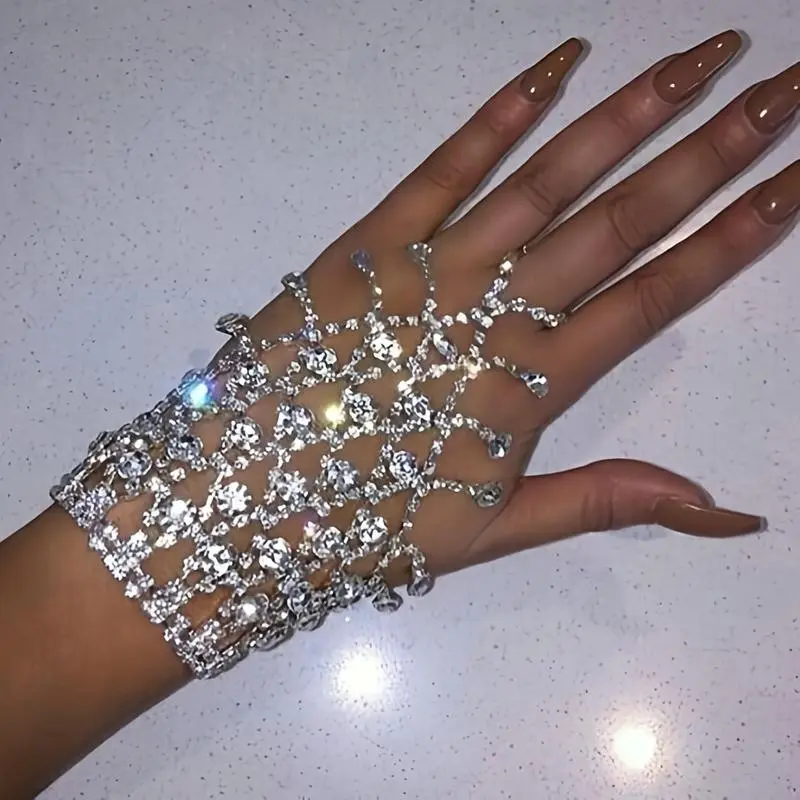 2025 New Shiny Rhinestone Hand Chain Bracelet with Synthetic Gemstones for Women and Girls