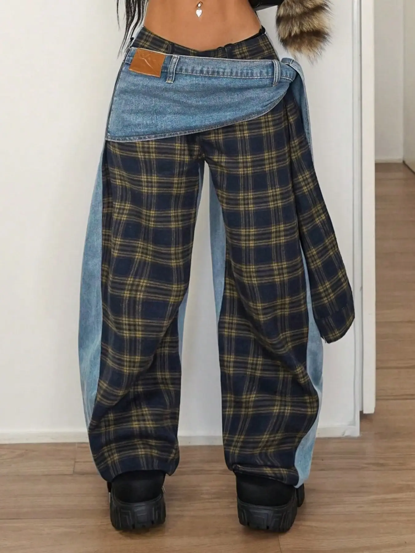 American Vintage Denim Waistband Plaid Wide Leg Pants for Women, High-Waisted Slimming Hip-Hiding Patchwork Streetwear Casual Long Pants, Casual Trousers
