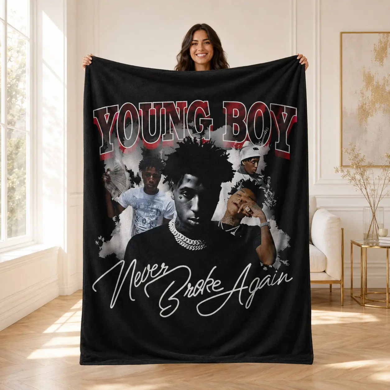 1PC YoungBoy Never Broke Again Rapper Vintage Portrait Print Flannel Blanket, Lightweight Throw Blanket, Soft Skin-Friendly Anti-Pilling Machine Washable Lightweight Warm, Suitable For All Seasons For Home Sofa Rest, Ideal For Hip Hop Rap Fans Collect