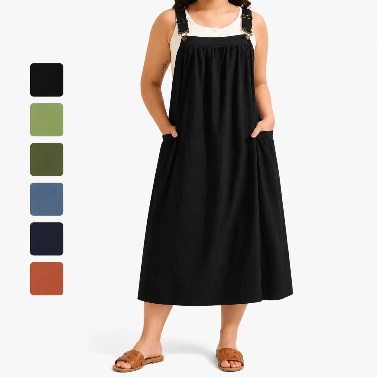 Daily Active Hous Plus-Size Loose & Slimming Women's Dress – Pure Cotton, Casual, Pleated Pockets, Mid-Length Pinafore Style
