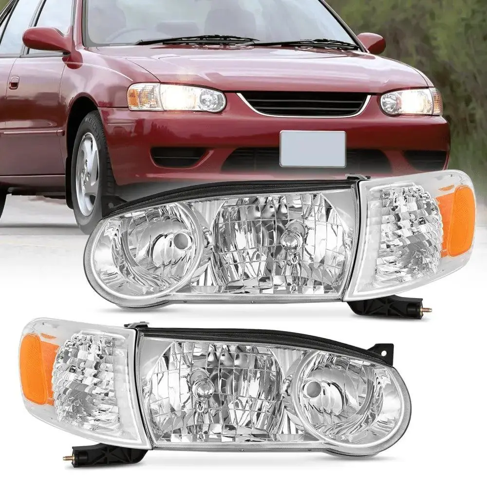 Nilight Pair Set Car Headlight Assembly - Chrome Housing, Amber Reflector, Waterproof, Adjustable, UV Resistant, Plug-&-Play, HB3/HB4 Bulbs, Night Safety Fit for 2001-2002 Toyota Corolla