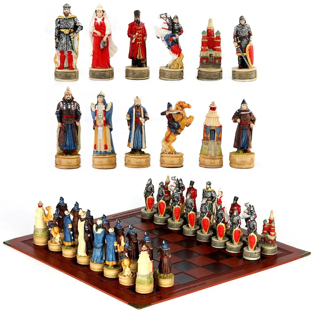 32 Piece International Chess Set, High-Quality Resin Pieces, Artificial Leather Board, Strategy Table Game, Gift for Halloween & Christmas, Board Games