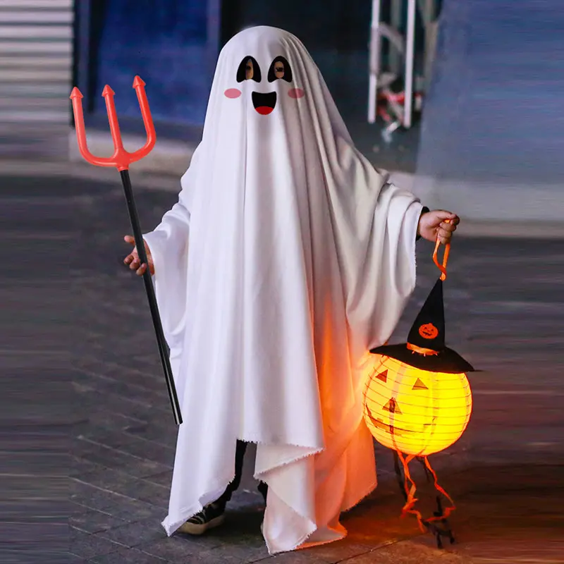 Halloween Ghost-Theme Kids Hooded Cape Costume, Lightweight Poly Party Wear with Cartoon Print, Toddlers Fit Spooky Flowing Robe for Trick-Or-Treat, School Dress Up