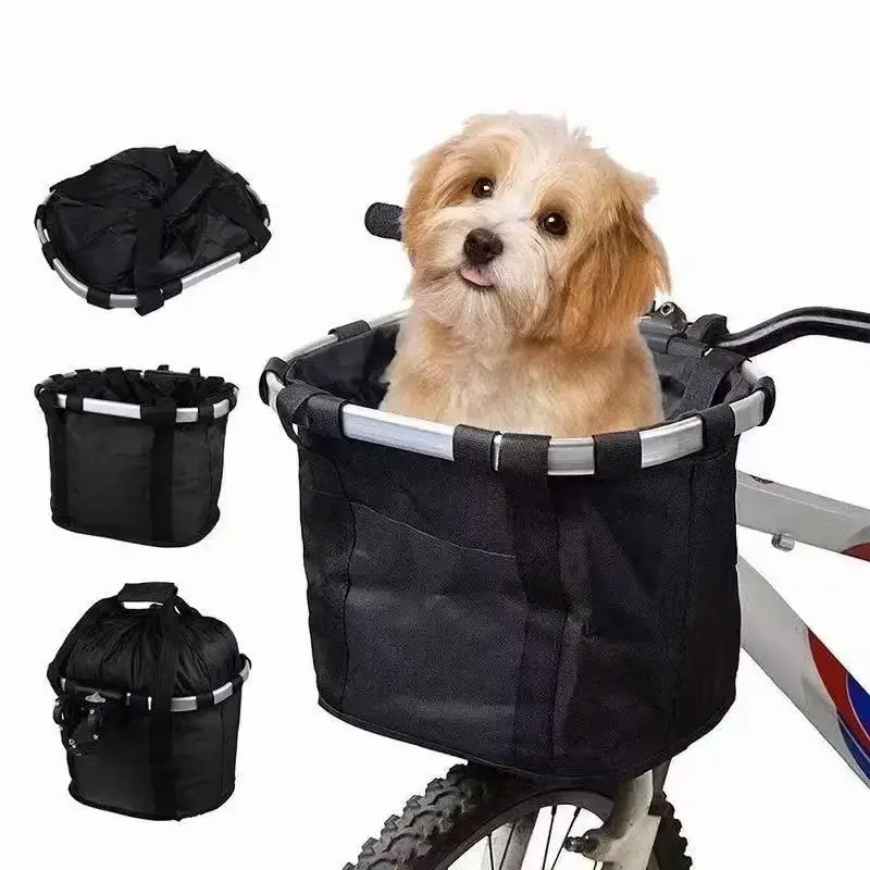 Bicycle Front Basket,Bike Small Pet Dog Carry Pouch,2in1 Detachable MTB Cycling Handlebar Tube Hanging Fold Baggage Bag 5KG Load Bike Accessories
