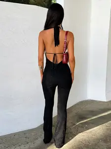 Women's Solid Backless Deep V Neck Tie Back Jumpsuit, Casual Fashion Sleeveless Plunge Neck Jumpsuit for Daily Wear, Ladies Clothes for All Seasons