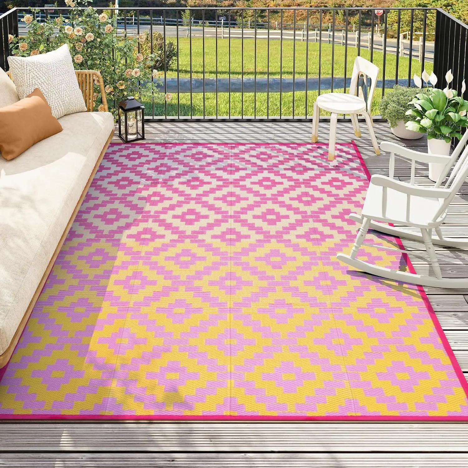 Ombre Outdoor Rugs 8x10 for Patios Clearance, Waterproof Camping Rugs for Outside RV, Reversible Plastic Straw Mat, Large Outdoor Area Rug for Deck, Backyard, Picnic(Orange&Pink,8‘x10')