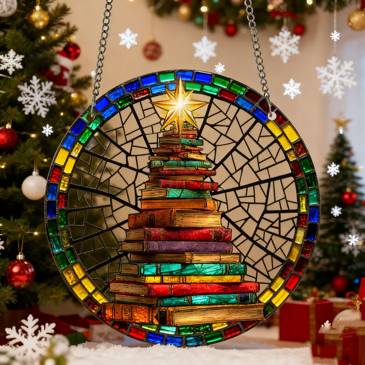 Book-Shaped Christmas Suncatcher, 8-Inch Round Acrylic Ornament, Festive Holiday Decoration, Ideal for Indoor & Outdoor Use