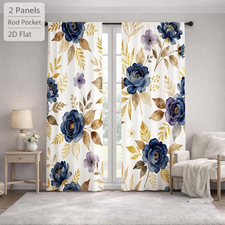 2 Pcs Elegant Floral Pattern Blue Peony Golden Leaves Sun Blocking Curtains Digital Printed Rod Pocket for Bedroom Office Kitchen Living Room Study Home Decor