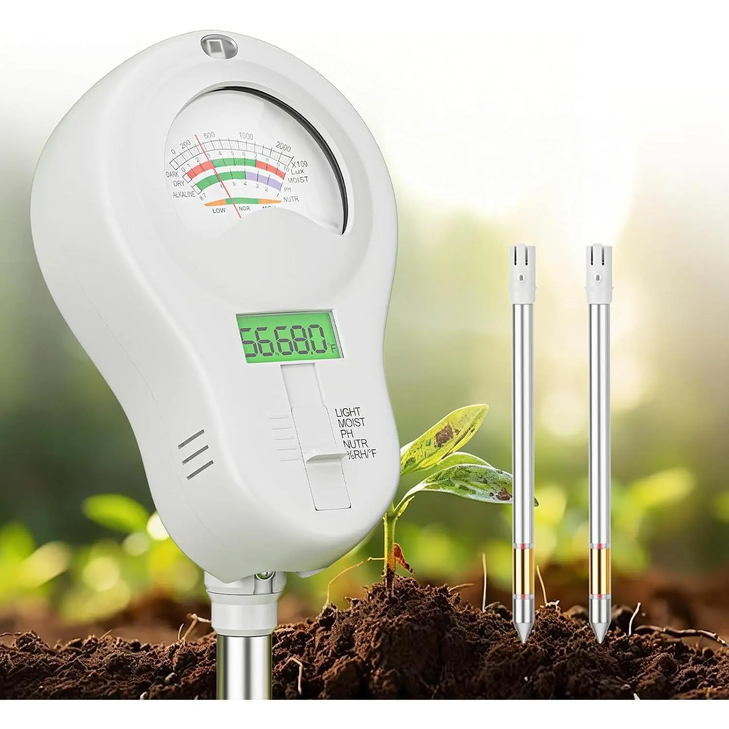 6-in-1 Digital Soil Tester with  Screen & 2 Removable Probes | , PH, Sunlight, Temperature & Fertility , Soil Test Kit, for Gardening, Lawn, Indoor & Outdoor