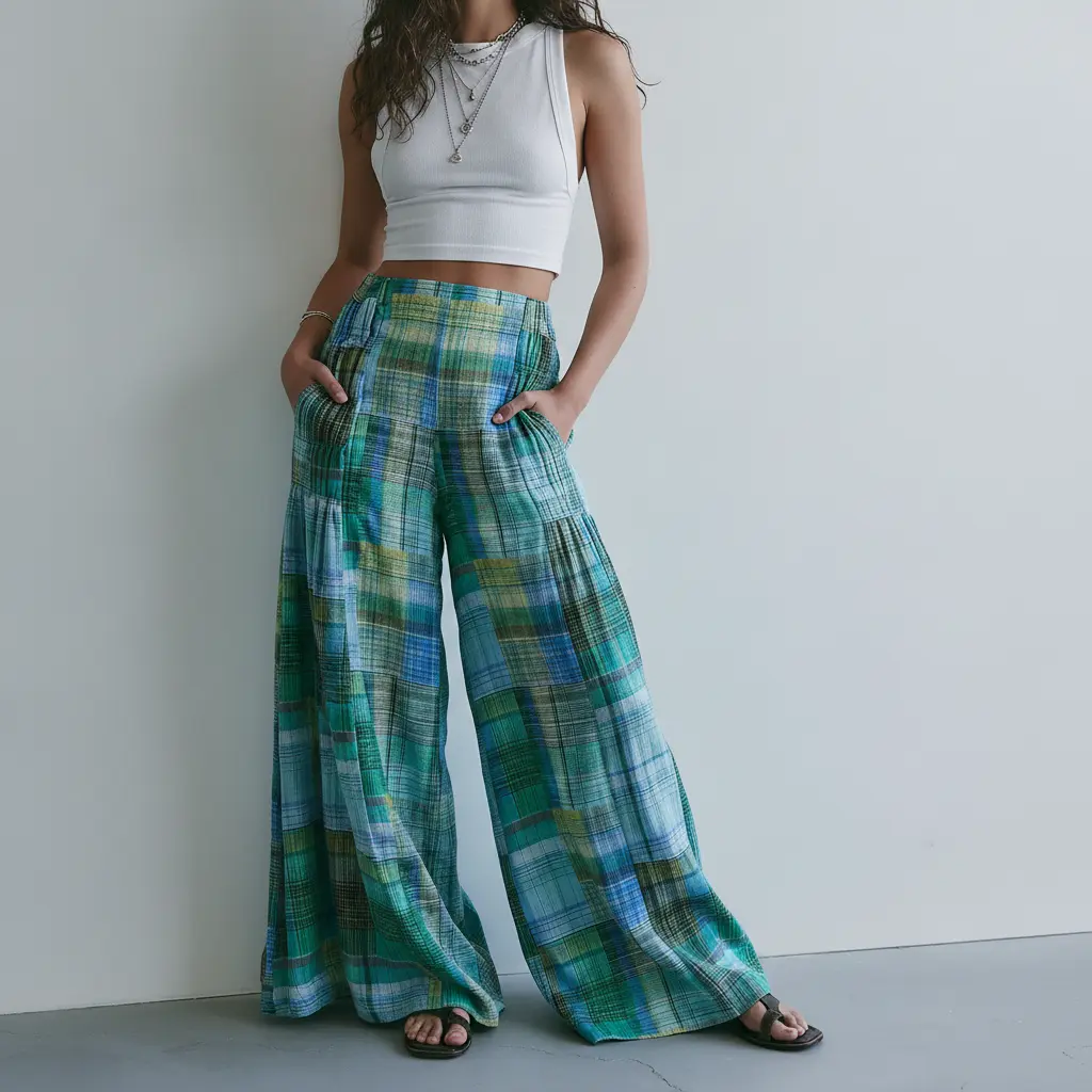 Women Vintage Plaid Palazzo Pants High Waist Ruched Patchwork Wide Leg Trousers, Flowy Loose Casual Boho Beach Vacation Pants