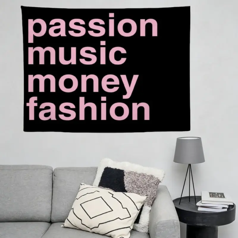 Passion Music Money Fashion Tapestry Black Background Pastel Pink Typography Text Wall Hanging Cool Streetwear Baddie Bedroom Living Room Decoration College Dorm Banner