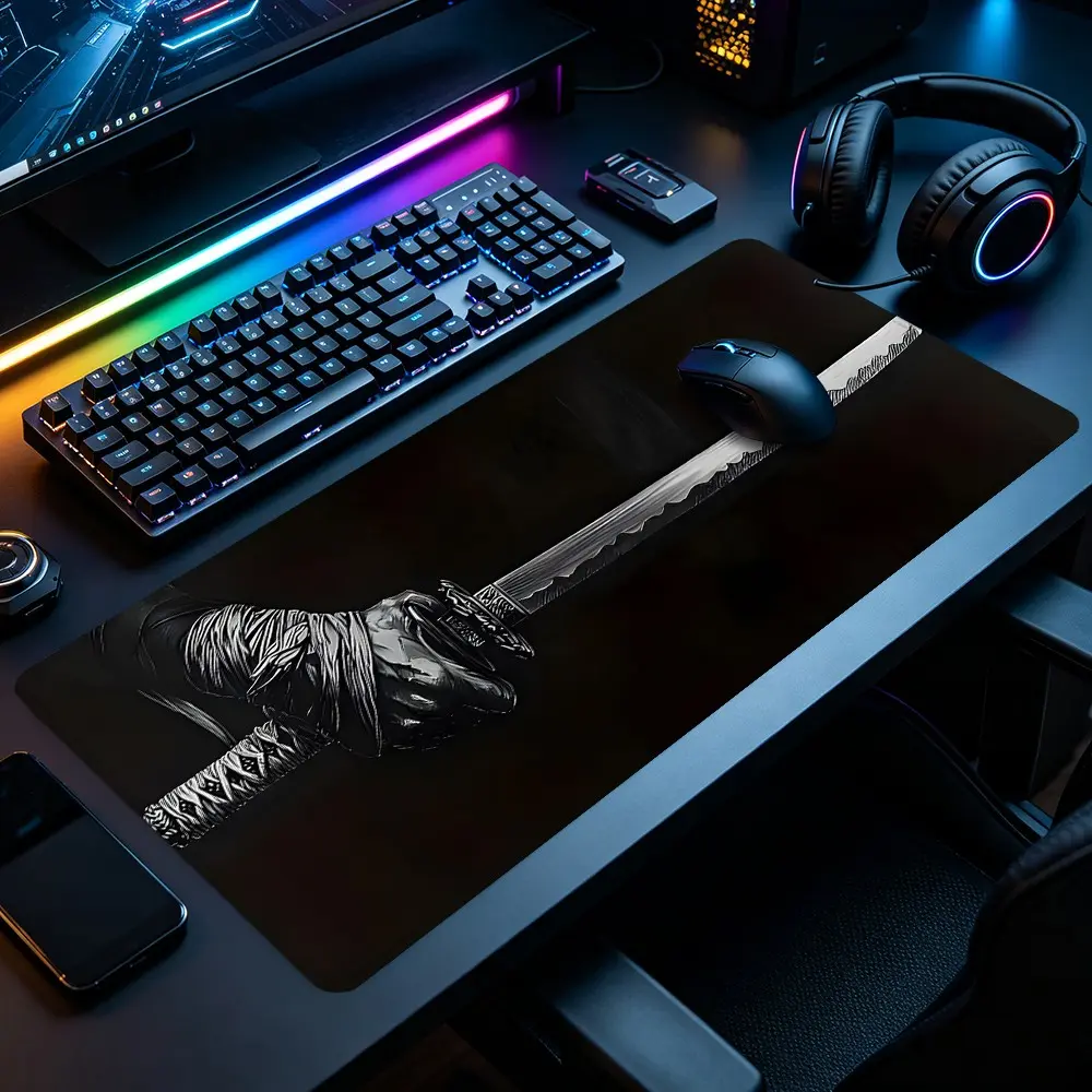 Black White Samurai Katana Large Gaming Mouse Pad Dark Japanese Warrior Line Art Pattern Design Stitched Edge Non-Slip Thick Rubber Base Smooth Top Surface Desk Protection For Gaming Room Office Desk School Learning Desk , Perfect For Family Friends