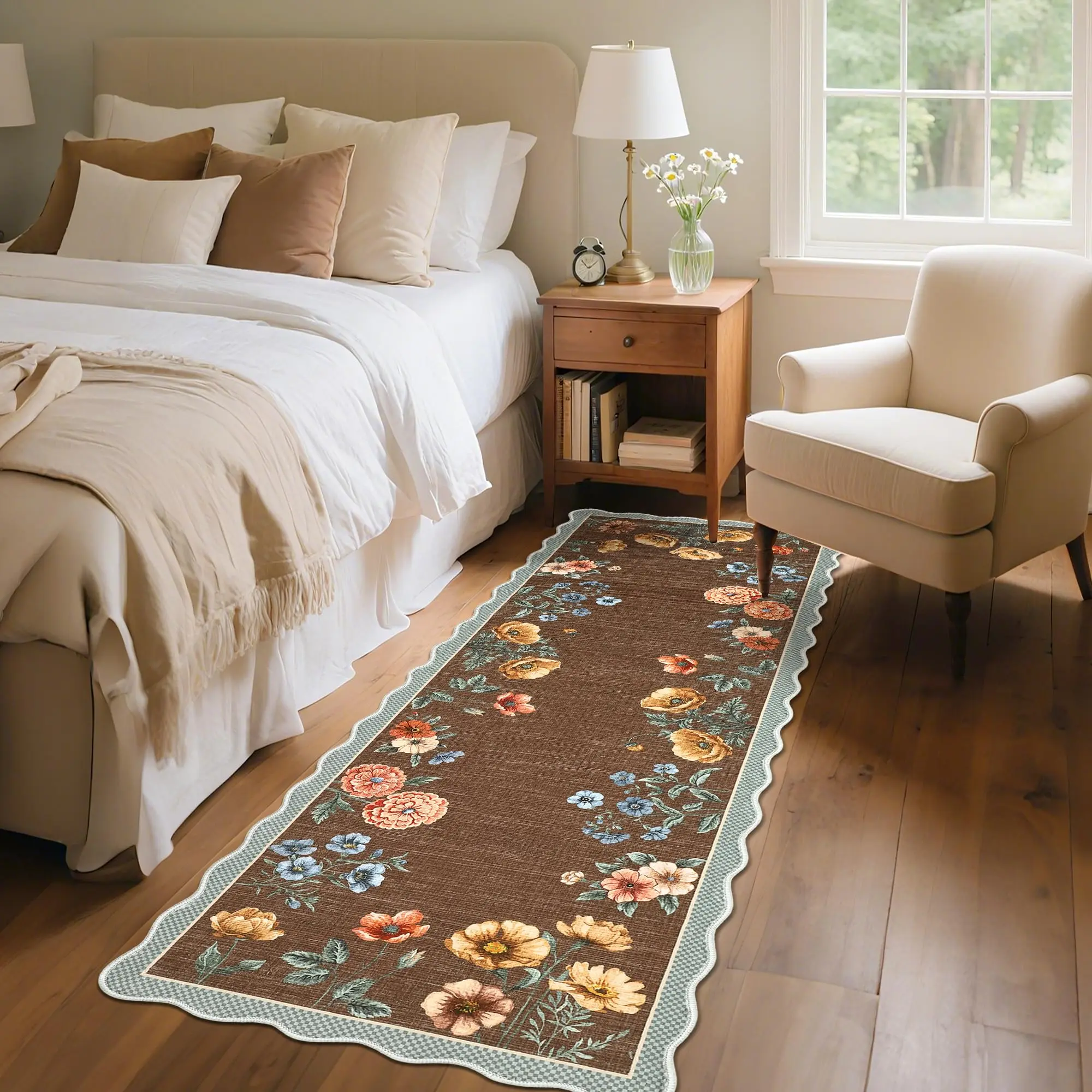 Garvee Floral Scalloped Kitchen Runner Rug, 2X6 Washable Hallway Runner Non-Slip, Soft Print Laundry Room Brown Rug Low-Pile Stain Resistant Boho Carpet for Bathroom Bedroom Dorm, Coffee