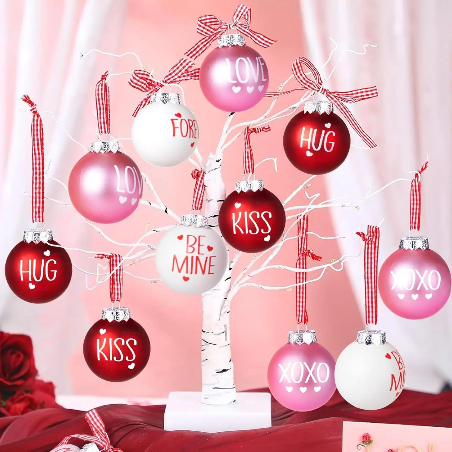 24-Piece Lightweight Valentine's Day Hanging Ball Ornaments Set, 2.36in Red Pink White Tree Baubles, Festive Decoration for Door, Wedding Home Decor & Gift Supplies