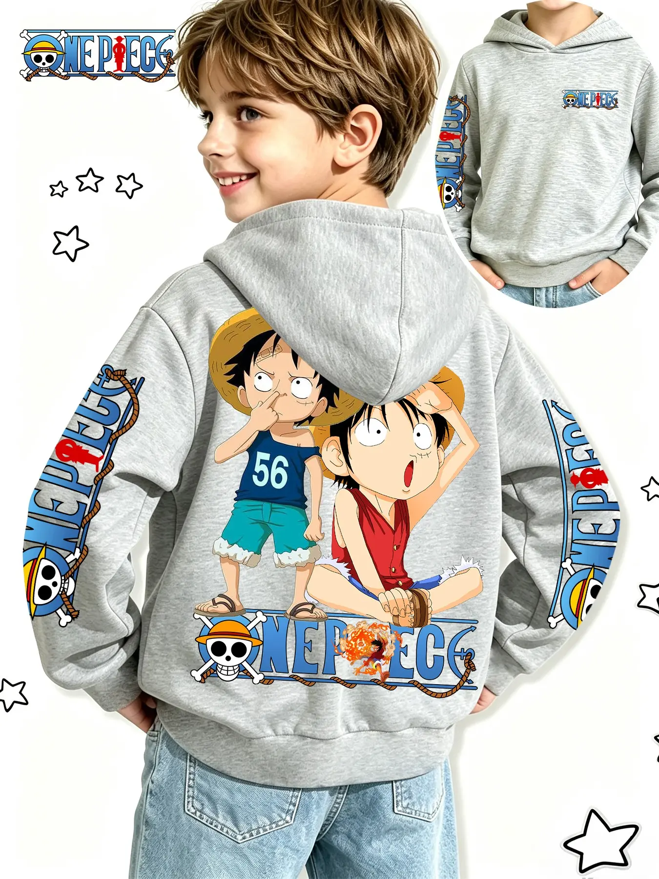 One Piece Official Boys' Anime Sweatshirt, Q Version Luffy Fun Creative Adventure Print, Spring Fall Casual Hoodie, Perfect Gift