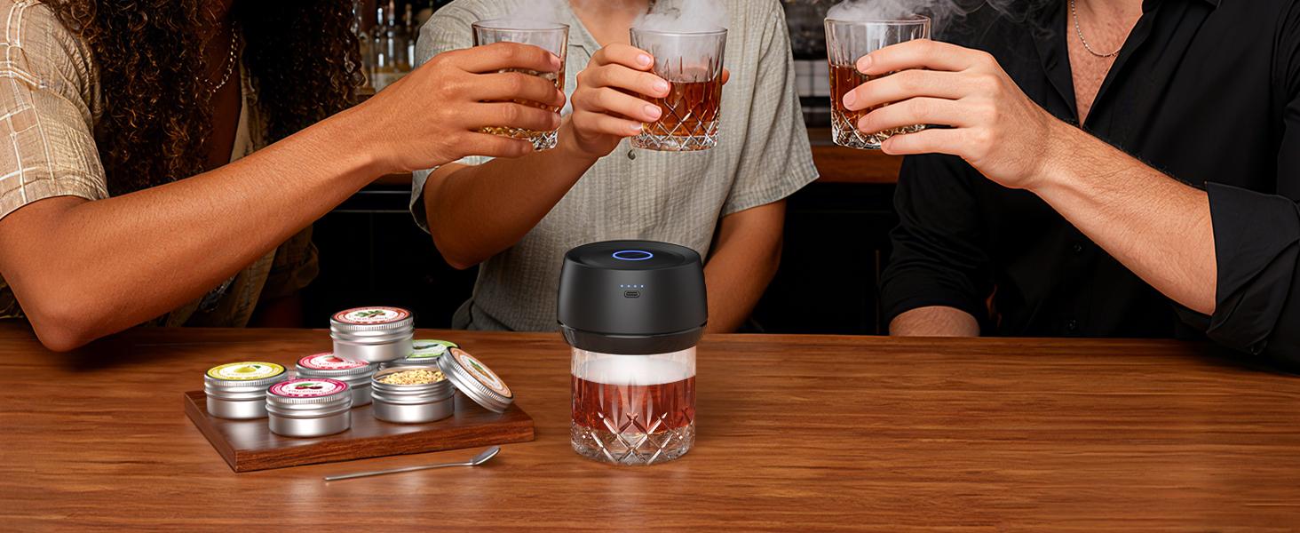 Electric Whiskey Smoker Kit: Rechargeable Cocktail Smoker for Old Fashioned & Bourbon Drinks with Built-in Lighter, No Butane Needed, 6 Wood Chips, Christmas Whiskey Gift for Men, Dad, Husband