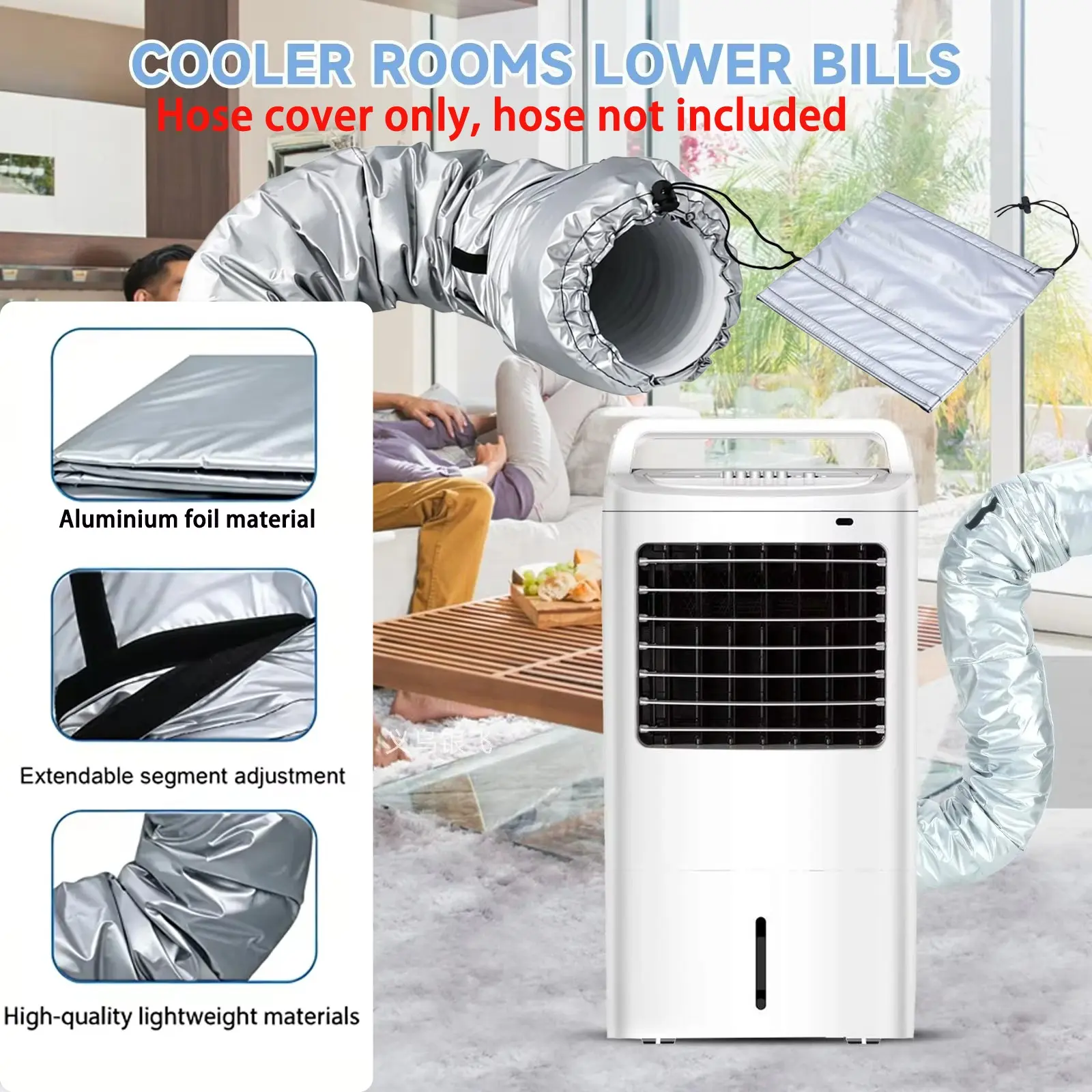 Portable Air Conditioner Hose Cover, Aluminum Foil Insulated, Expandable Dustproof Vent Pipe Sleeve, Energy Saving, Cool Indoor Environment