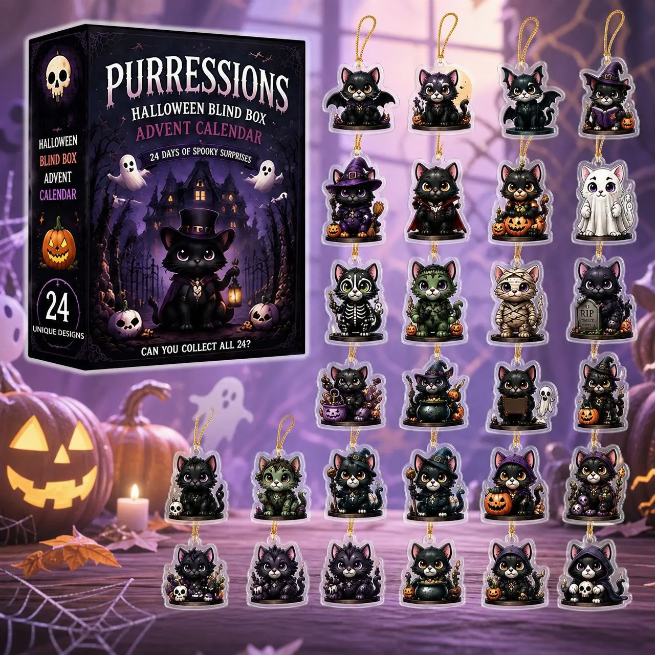 Halloween Advent Calendar 2026, Black Cat holiday Countdown Calendar with 24 Mystery Acrylic Ornaments, Cute Spooky Hanging Decorations for Halloween Home Decor,Halloween decorations Mini Blind