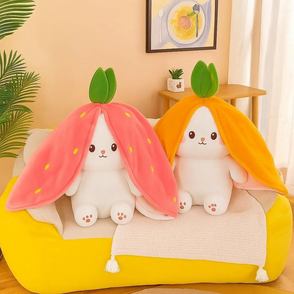 Cute Transformable Carrot Strawberry Bunny Plush Pillow, Reversible Fruit Rabbit Stuffed Animal Toy, Soft Fluffy Plushie Gift for Kids Girls, Christmas Gift, Cuddly Stuffed Animals
