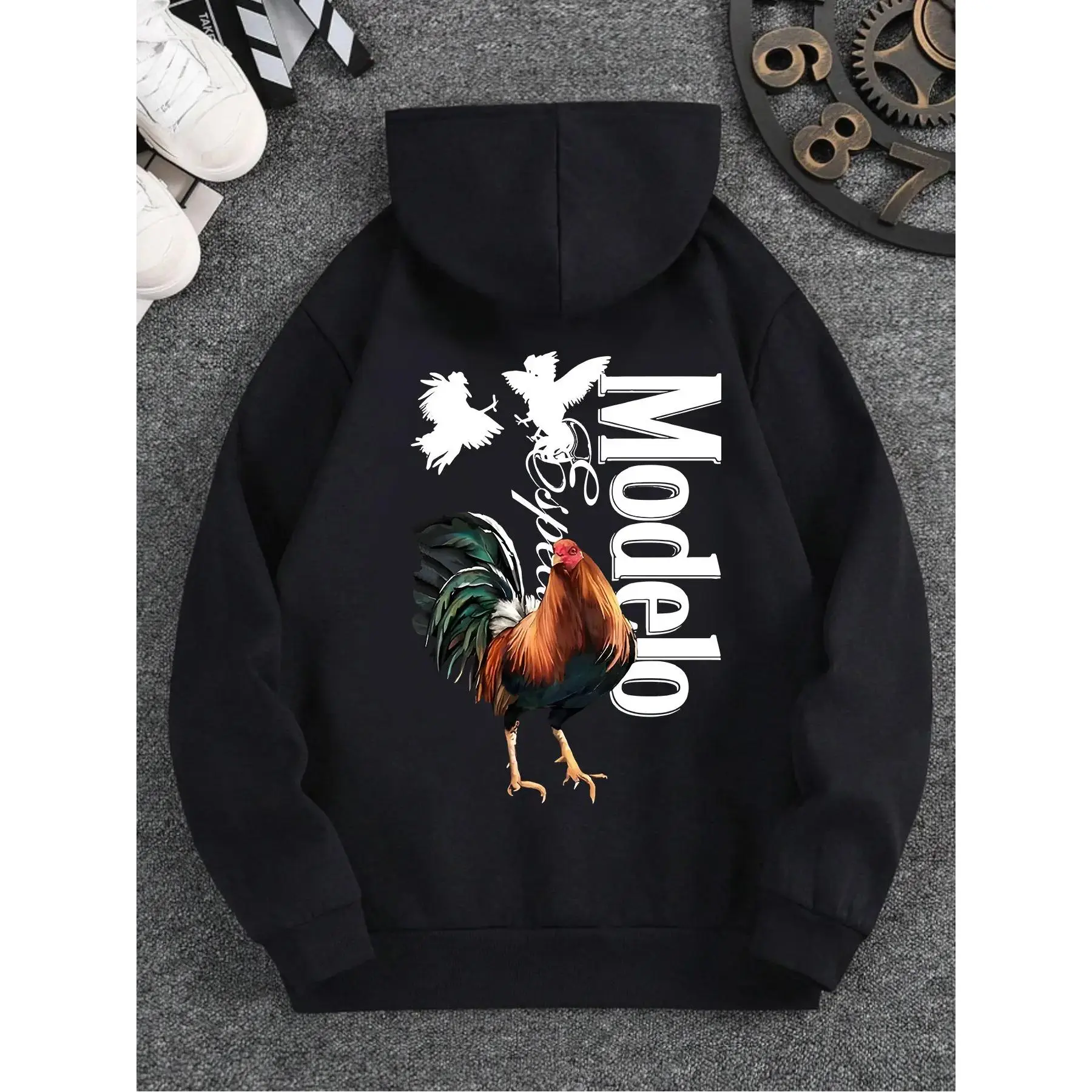 Men's Baggy Hooded Graphic Pullover Sweatshirt - Long-Sleeve Loose Casual Sports Outerwear Top, Polyester, Bold Fighting Rooster Print, Intricate Feather Details, Edgy NTRIP Text Streetwear Look