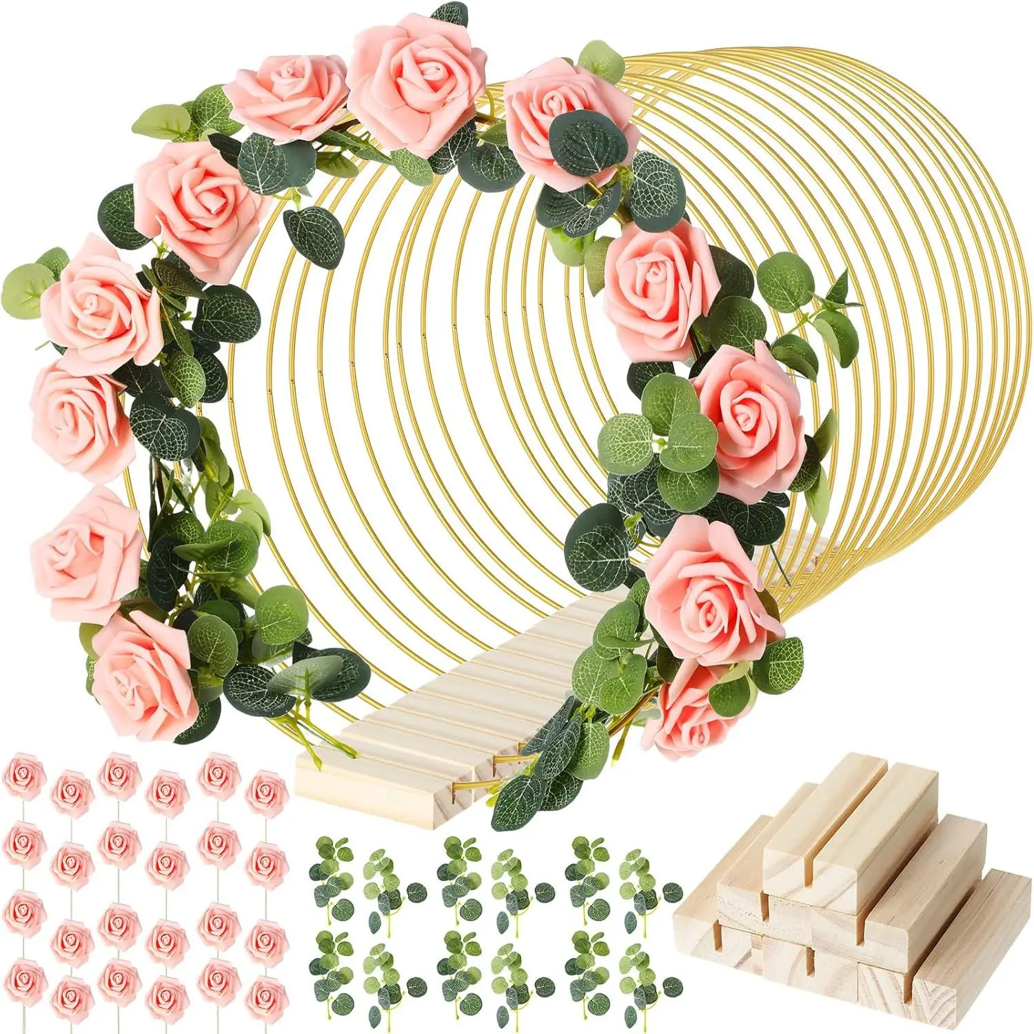 15 count Metal Floral  Hoop Centerpiece with Stand,10 Inch, |  Floral Hoop Centerpiece with Stand 15 Wooden Holders 30 Artificial  30 Leaves for Wedding Party DIY Craft Decor
