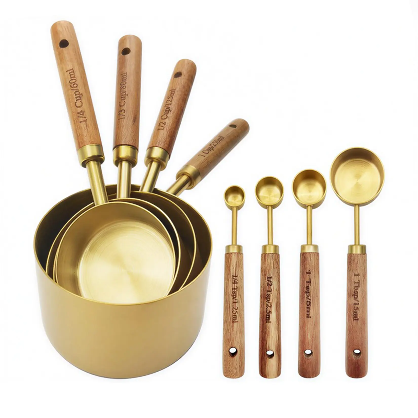 8-Piece Copper Measuring Cups and Spoons Set, Stainless Steel with Wooden Handles, Engraved US & Metric Sizes for Liquid & Dry Ingredients