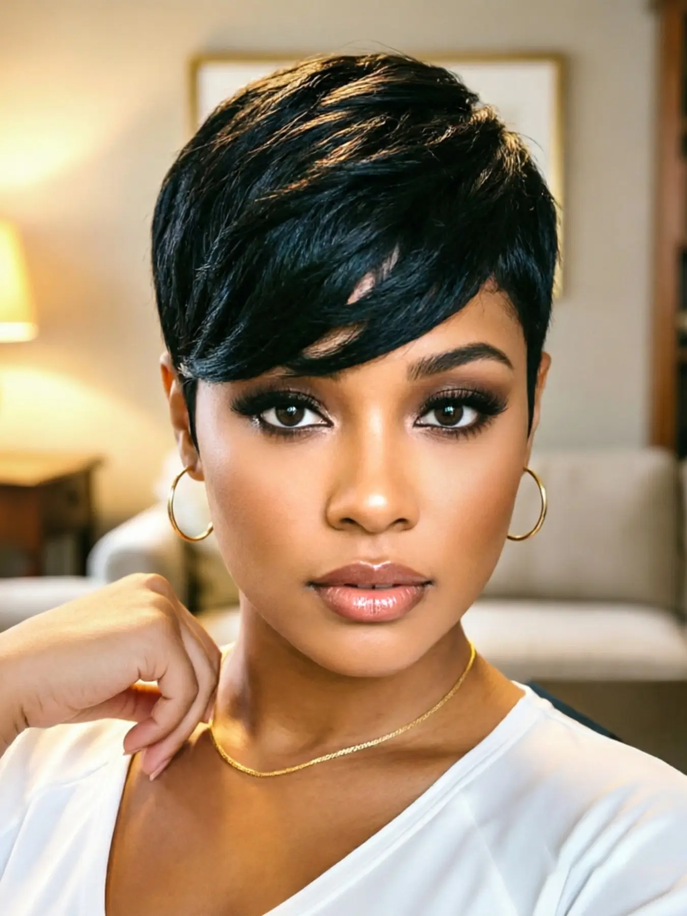 Short Pixie Cut Human Hair Wigs With Bangs Natural Black Machine Made Wigs For Women Daily Wear