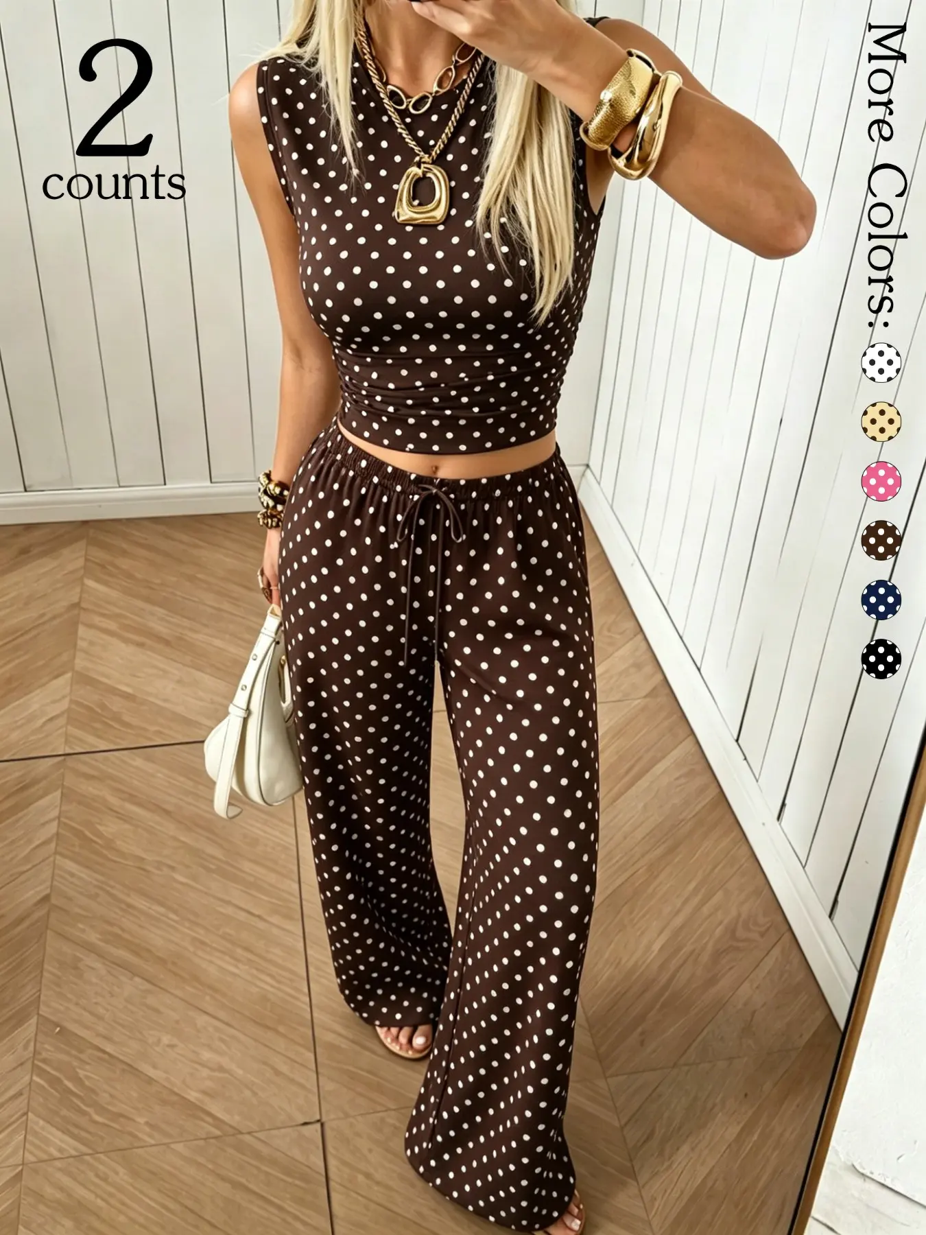 Polka Dot 2 Piece Outfits for Women, Sleeveless Halter Neck Crop Top and Elastic Waist Wide Leg Pants Set, Casual Summer Bohemian Boho Vacation Outfits, Going Out Matching Loungewear Sets, Fashion Trendy Outfit Ideas for Teen Girls
