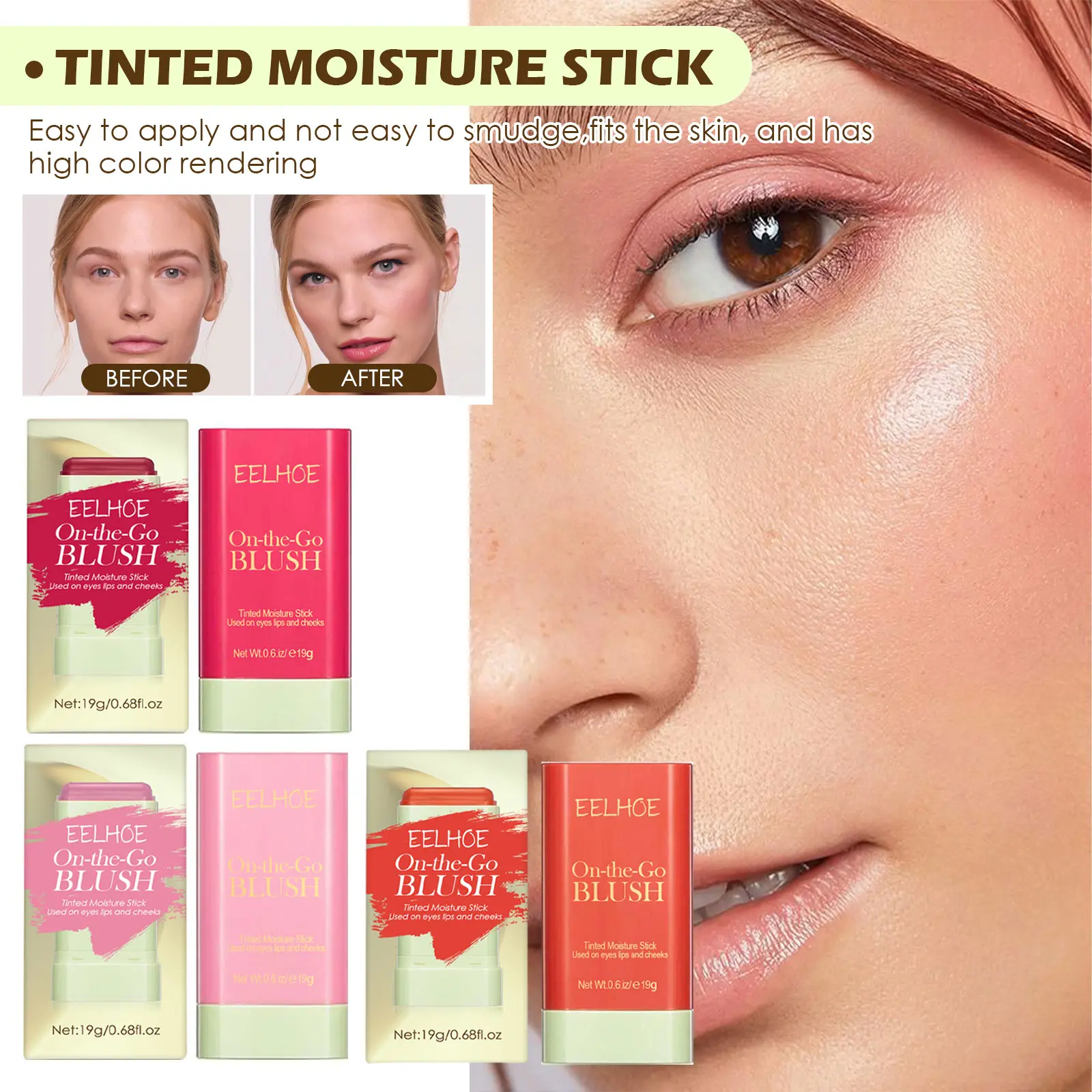Multi-Use Blush Stick, Lightweight Creamy Formula with Coconut & Jojoba Oil for All Skin Types, Blends Gently to Brighten & Contour for a Natural Nude Look