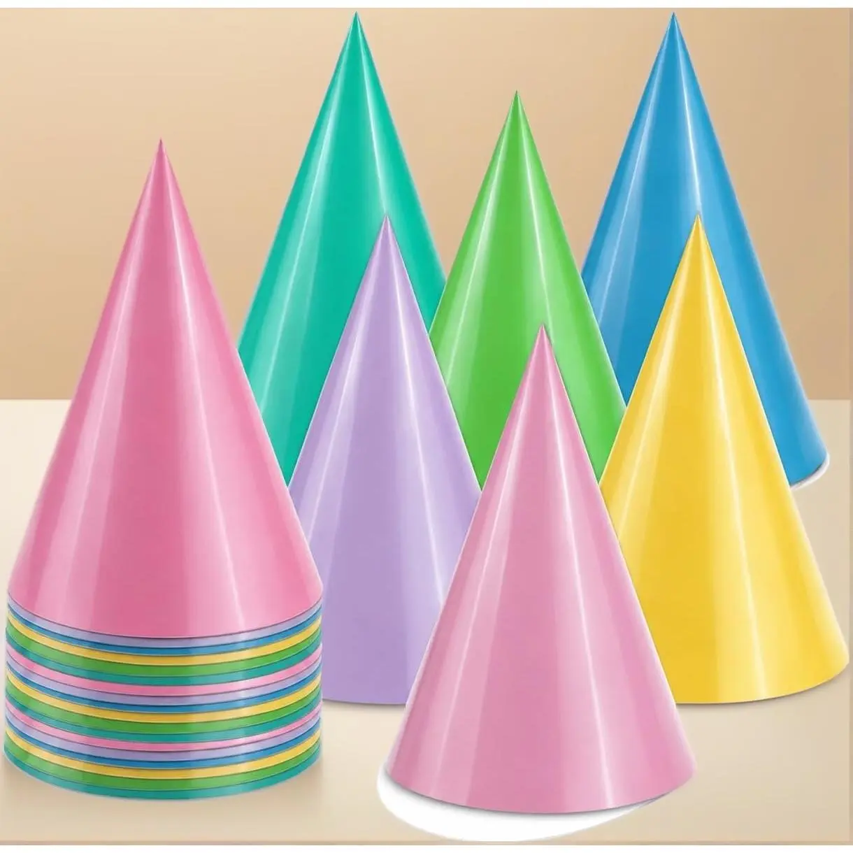 Bulk Pre-Assembled Metallic Party Cone Hats, Colorful Ready-to-Use Birthday Hats for Kids Adults, 18/36/48 Count