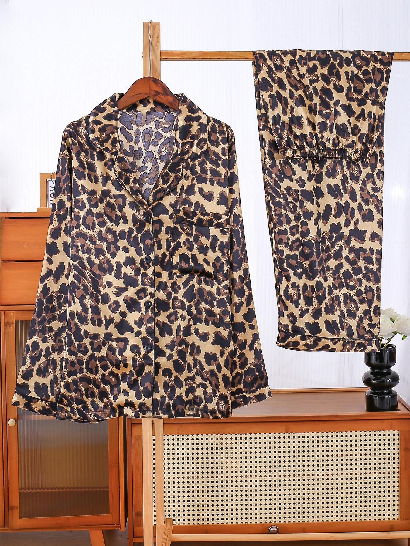 【Plus Size】 Two-Piece Set All Over Print Button Front Shirt & Pants Satin Pyjama Set, Casual Comfy Long Sleeve Top & Trousers PJ Set, Women's Sleepwear for Spring & Fall