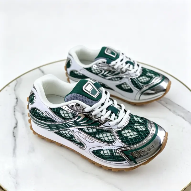 2026 new Unisex Green & Silver Metallic Mesh Retro Sneakers| Premium Breathable Chunky Streetwear Footwear