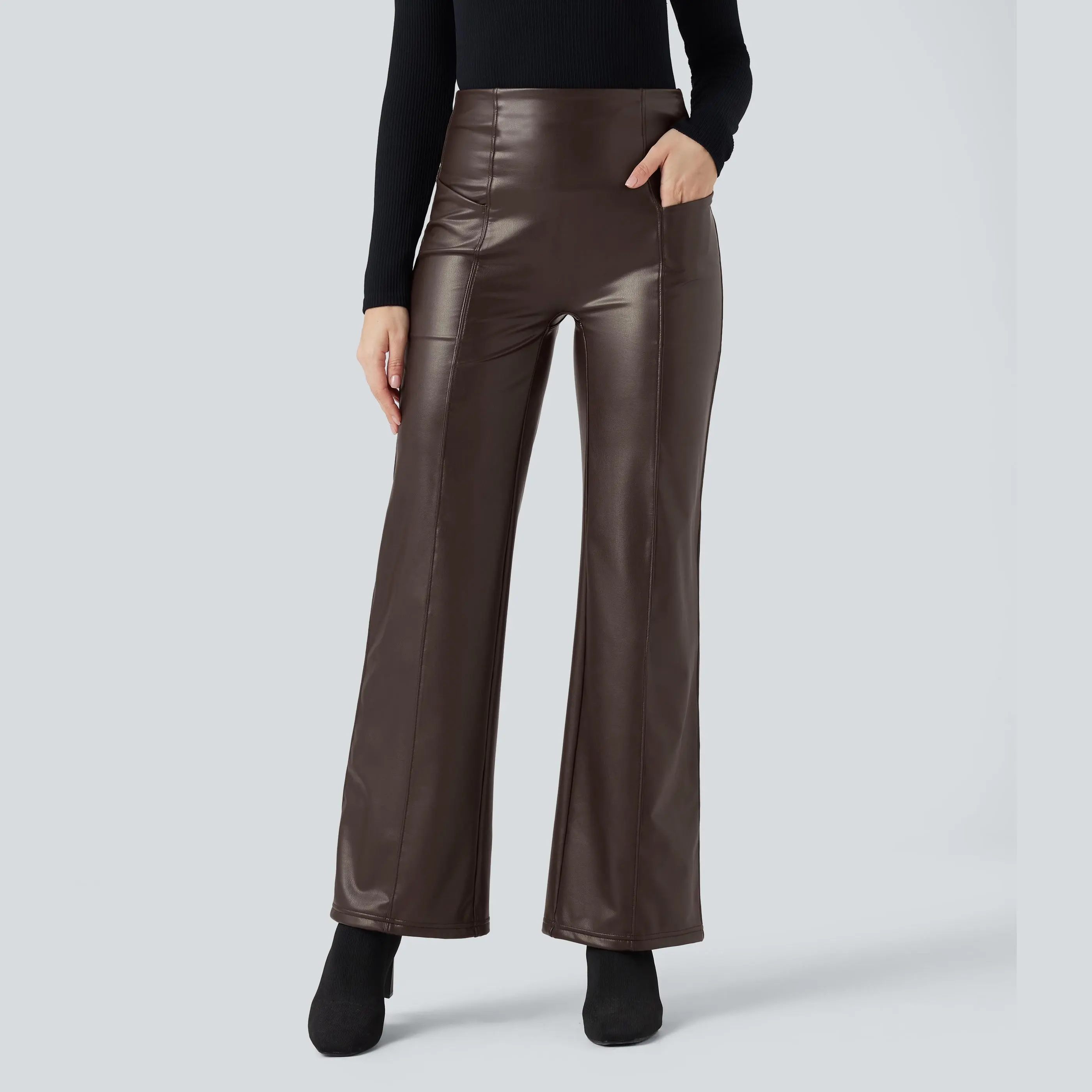 Halara High Waisted Tummy Control Stretchy PU Fleece Casual Flare Pants with Pockets