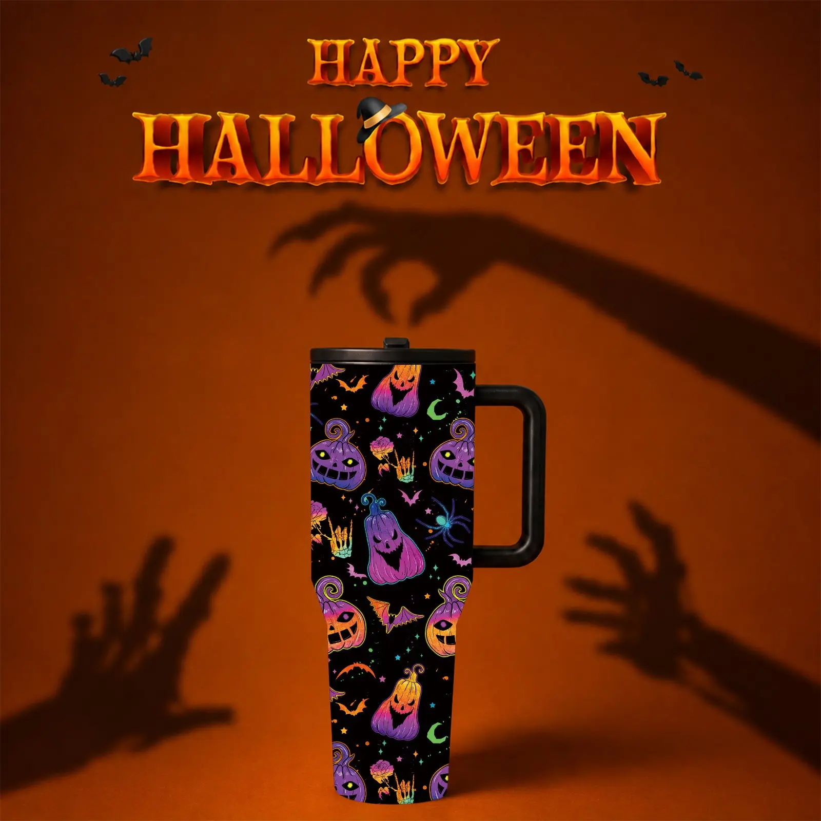 1PC Halloween Fantasy 40oz Tumbler with Handle, Spooky Cute Pumpkin & Bat Pattern Design, Large Capacity Insulated Cup with Straw, Leak Resistant Travel Mug, Perfect for Office, Daily Use, Outdoor Adventures, Halloween Party Gifts&Trendy Drinkware Lovers