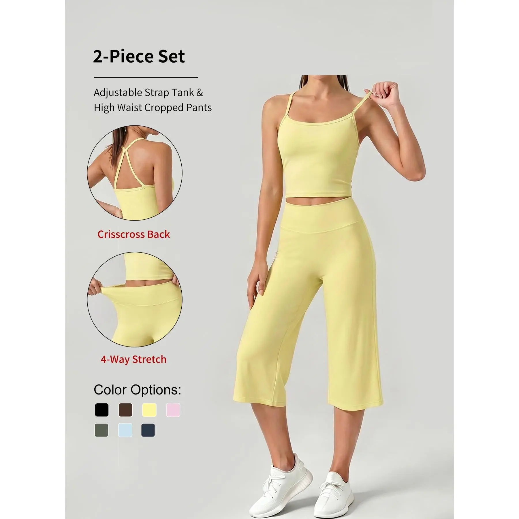 Women's Adjustable Strap Yoga Outfit Set, Buttery Soft Tank Top & High Waist Wide-Leg Capri Leggings, Stretch Breathable Athleisure Tracksuit for Gym Workout, Fitness & Everyday Loungewear